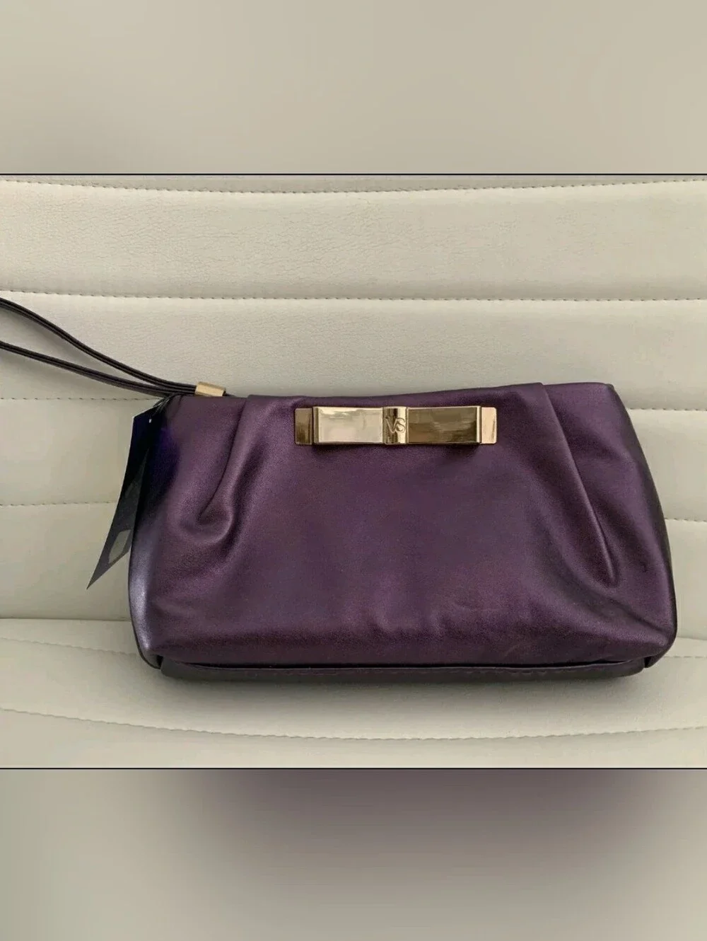 Victoria's Secret Purple Clutch Wristlet Evening Bag Make Up Bag w/Gold Bow
